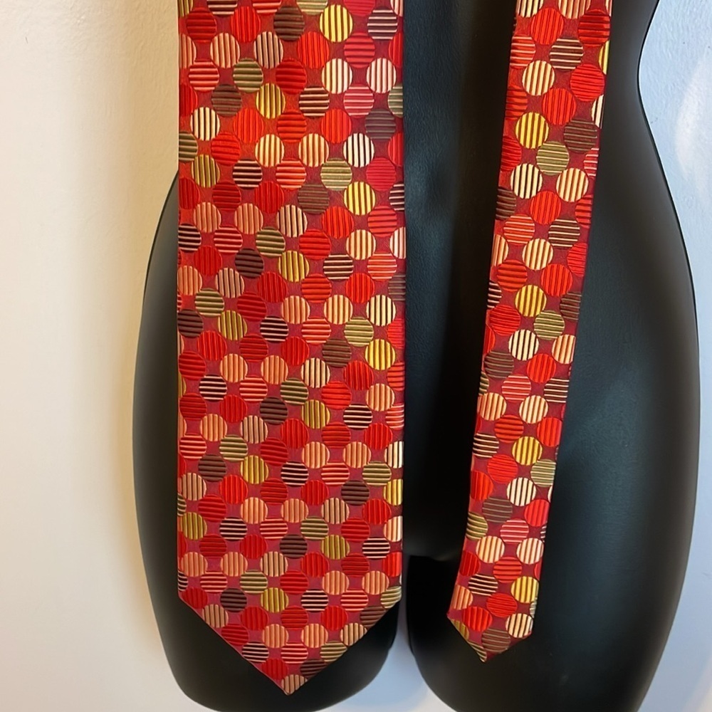 Aurelio Valentino Italy Red Multicolored Circle Geometric Design Necktie Tie